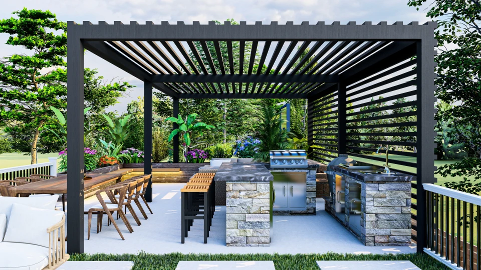 Pergola en bois avec toit v&eacute;g&eacute;talis&eacute; dans jardin paysager