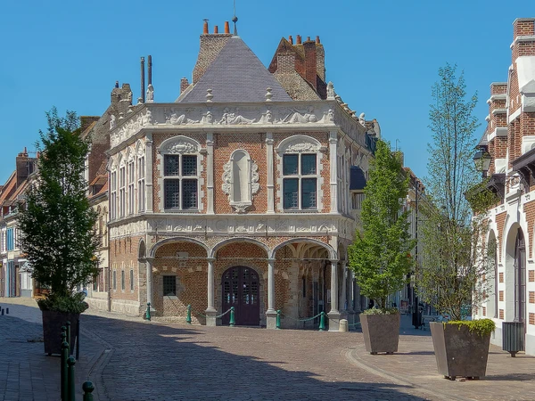 Paysage urbain et rural de la r&eacute;gion des Hauts-de-France autour d'Aire-sur-la-Lys, montrant une maison r&eacute;sidentielle moderne avec un carport en m&eacute;tal gris anthracite ou une pergola m&eacute;tallique &eacute;l&eacute;gante en avant-plan, int&eacute;gr&eacute;e harmonieusement &agrave; l'architecture locale. L'image doit capturer l'essence de la r&eacute;gion (architecture r&eacute;gionale, verdure locale) avec une qualit&eacute; photographique professionnelle et lumineuse, sans texte visible.