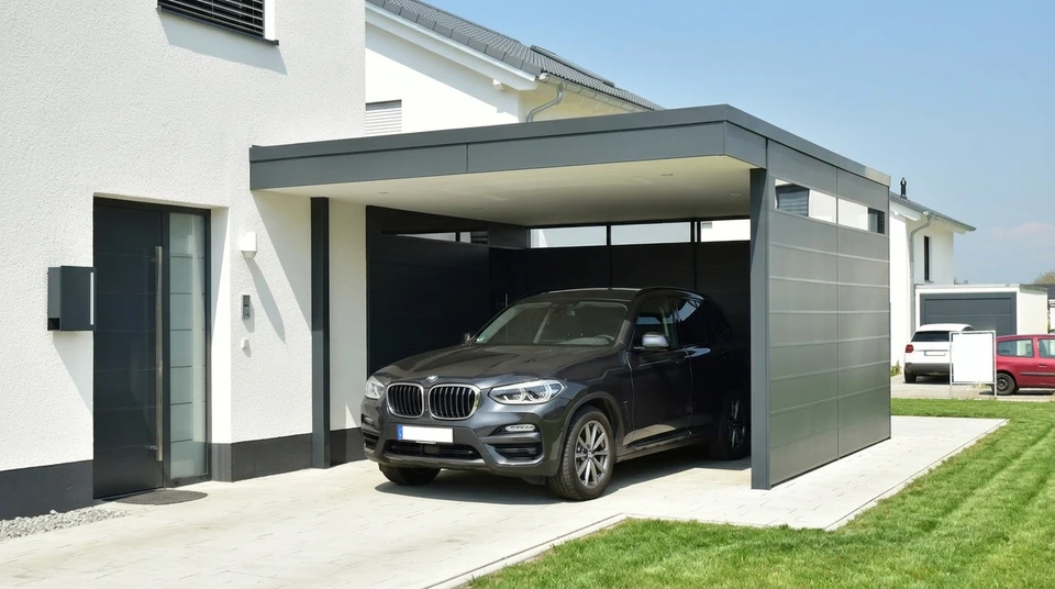 Voiture blanche garée sous un carport moderne en structure métallique avec toiture polycarbonate translucide