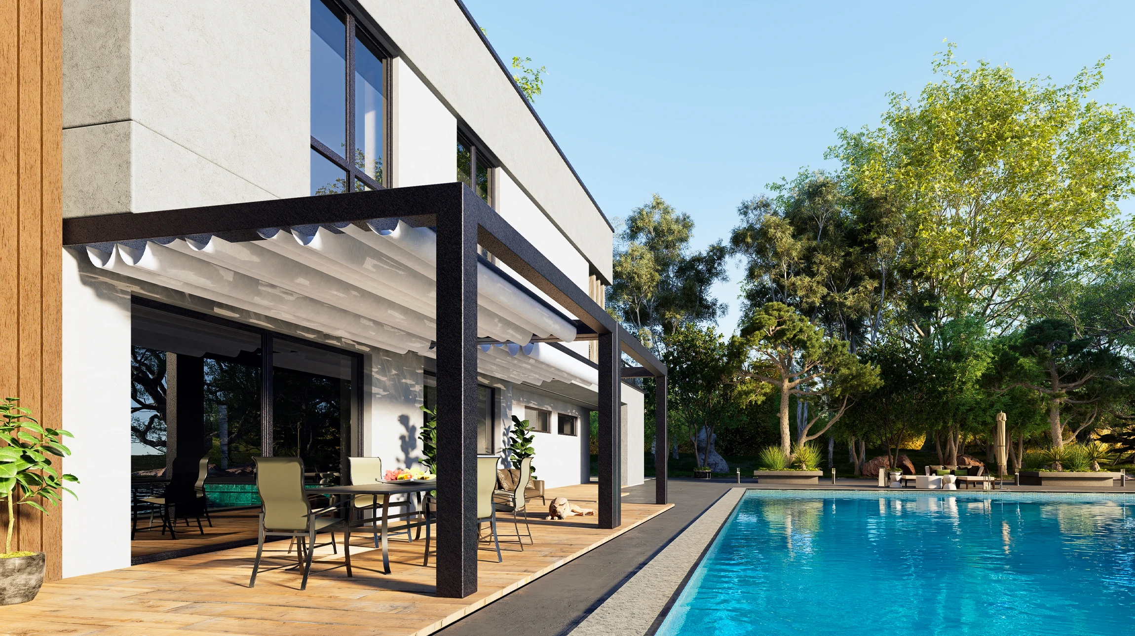 Terrasse extérieure moderne avec pergola en bois à lames orientables, mobilier de jardin contemporain noir incluant table, chaises et salon de détente